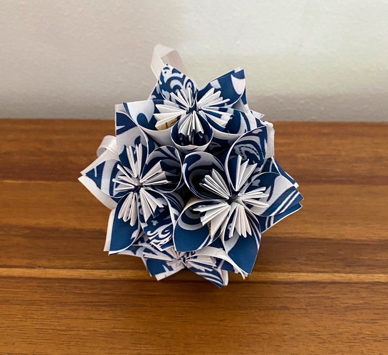 Blue Damask Small Paper Flower Pomander Ornament First Paper Anniversary, Teacher Appreciation Gift, Christmas Exchange image 3