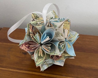 India, Thailand & Nepal Map Small Paper Flower Pomander Ornament - First Paper Anniversary, Teacher Appreciation Gift, Christmas Exchange