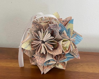 United States US Vintage Maps Small Paper Flower Pomander Ornament - First Paper Anniversary, Teacher Appreciation Gift, Christmas Exchange