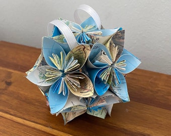 South America Map Small Paper Flower Pomander Ornament - First Paper Anniversary, Teacher Appreciation Gift, Christmas Exchange