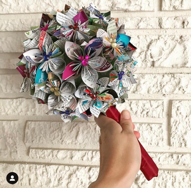 Custom Park Map Paper Flower Wedding Bouquet with Jewels Made to Order image 5