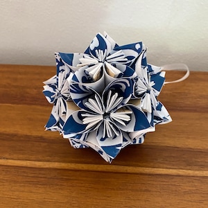 Blue Damask Small Paper Flower Pomander Ornament First Paper Anniversary, Teacher Appreciation Gift, Christmas Exchange image 1