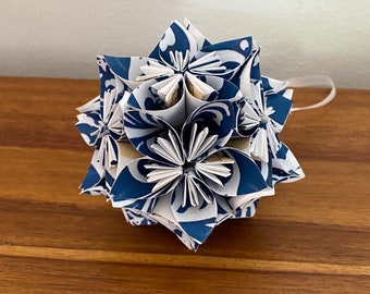Blue Damask Small Paper Flower Pomander Ornament - First Paper Anniversary, Teacher Appreciation Gift, Christmas Exchange