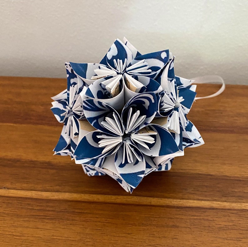 Blue Damask Small Paper Flower Pomander Ornament First Paper Anniversary, Teacher Appreciation Gift, Christmas Exchange image 1