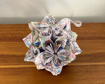 State of Texas Map Small Paper Flower Pomander Ornament - First Paper Anniversary, Teacher Appreciation Gift, Christmas Exchange