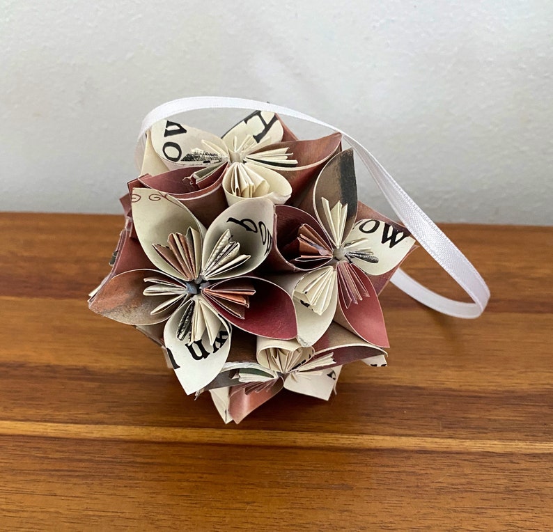 The Night Before Christmas Book Small Paper Flower Pomander Ornament First Paper Anniversary, Teacher Appreciation Gift Christmas Exchange image 1