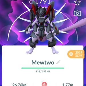 May include: A digital image of a Mewtwo character from the Pokemon franchise. The character is primarily gray and white with red accents. The image includes the text "Mewtwo", "Psychic", and measurements of 96.76 kg and 1.77 m.