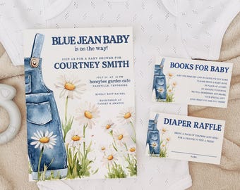Paquete de invitaciones para baby shower con vaqueros azules, plantilla para baby shower de mezclilla, descarga digital, un bebé con vaqueros azules está en camino, baby shower estilo western