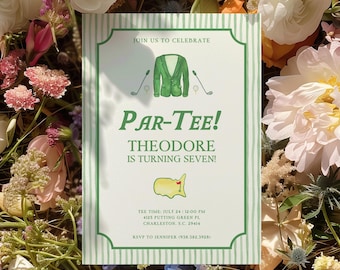 May include: A golf-themed invitation with the text "Par-Tee!" and "Theodore is turning seven!" The invitation features a green jacket illustration, golf clubs, and a map of a golf course. The invitation is surrounded by a variety of colorful flowers.