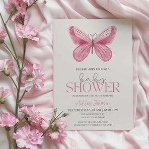 Butterfly Baby Shower Invitation, Butterfly Baby Shower Invitation Girl, Purple Butterfly Invitation Template, Butterflies and Flowers Pink