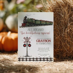 May include: An invitation with a vintage train illustration. The text reads "ALL ABOARD the birthday express!" and "GRAYSON IS TURNING FIVE!" A railroad crossing sign and train tracks are also featured.