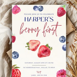 Berry First Birthday First Birthday Editable Invitation Digital Birthday Invitation Strawberry Birthday Invites 1st Birthday Invite Template