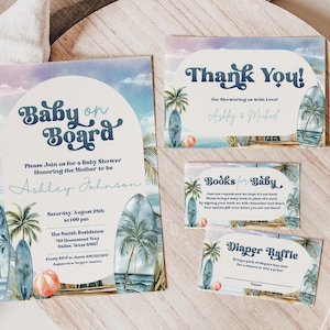 Baby on Board Baby Shower Invitation Suite, Surf Beach Baby Shower Editable Invitation Summer Baby Shower Printable Invite Digital Download