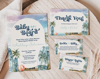 Invitación para baby shower con temática de tabla de surf: temática playera (descarga digital)