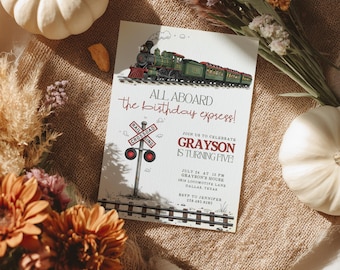 Editable Train Birthday Invitation, Train Digital Invitation, Digital Download Printable Invitation All Aboard Boys Birthday Invitation BE15
