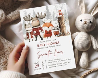 Winter Woodland Animals Baby Shower Invitation Template (Digital Download)