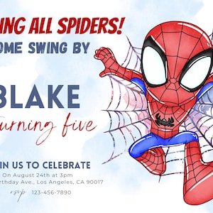 May include: A birthday invitation featuring a cartoon illustration of Spiderman swinging on a web. The invitation reads "Calling all Spiders! Come swing by Blake is turning five. Join us to celebrate on August 24th at 3pm at 234 Birthday Ave., Los Angeles, CA 90017. rsvp 123-456-7890"
