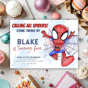 May include: A birthday invitation featuring a cartoon illustration of Spiderman in red and blue, swinging on a web. The invitation is for Blake's 5th birthday party. The text reads "Calling all Spiders! Come swing by Blake is turning five. Join us to celebrate on August 24th at 3pm at 234 Birthday Ave., Los Angeles, CA 90017. RSVP 123-456-7890."
