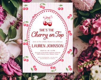 Cherry on Top Baby Shower Invitation Template, Editable Canva Invite, Digital Download, Preppy Girl Baby Shower Printable, Cherry Invite