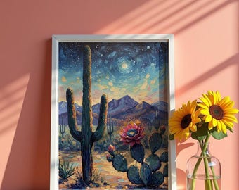 Desert Cactus Wall Art Print | American Southwest Landscape Wall Print Digital Download | Cactus in Desert Landscape Painting | Wall Decor