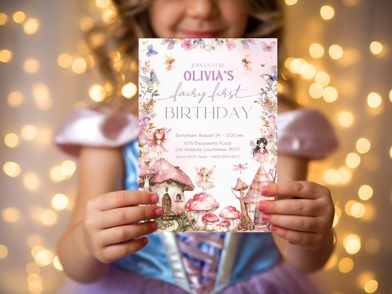 May include: A pink and purple fairy-themed birthday party invitation with a watercolor illustration of a fairy house, mushrooms, and fairies. The text reads "Join us for Olivia's fairy first birthday. Saturday, August 24 - 2:00 pm, 675 Enchanted Place, Los Angeles, California 90117."