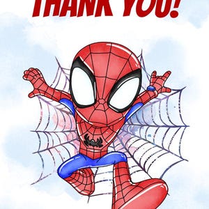 May include: A cartoon illustration of Spiderman in red and blue, swinging on a web with the text "THANK YOU! FOR BEING AN AMAZING FRIEND".