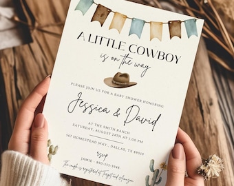 Mall för cowboy-babyshowerinbjudan, personlig västerländsk babyshowerinbjudan, lantlig babyshowerinbjudan, digital nedladdning, direkt