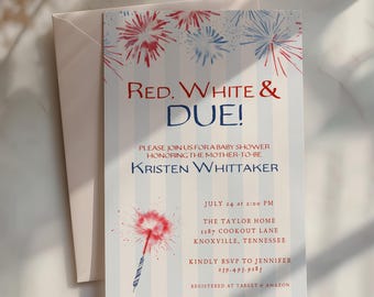 Red White and Due Baby Shower Invitation, 4th of July Baby Shower, Editable Fireworks Template, Instant Download, Digital Download, Canva
