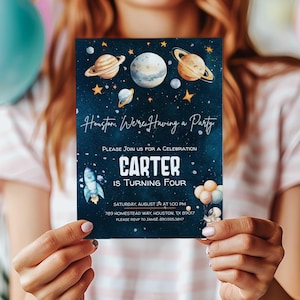 Invito di compleanno spaziale, Houston We Have a Party Invite Modificabile Spazio Esterno Galassia Astronauta Pianeta Modello stampabile Download digitale