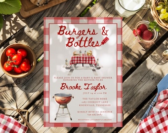 Summer Baby Shower Invitation Template, Baby-Q Baby Shower Invitation, Burgers and Bottles Baby Shower Editable Digital Download Printable