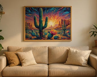 May include: A framed painting of a desert landscape with cacti and a sunset. The artwork features a large saguaro cactus, smaller cacti, and a vibrant sky with shades of blue, orange, and pink. The painting is displayed above a beige sofa.