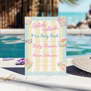 Mall för sommarbabyshowerinbjudan, poolparty babyshowerinbjudan, Spsh Splash babyshower redigerbar digital nedladdning utskrivbar