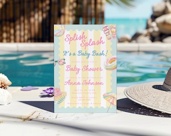 Summer Baby Shower Invitation Template, Pool Party Baby Shower Invitation, Splish Splash Baby Shower Editable Digital Download Printable