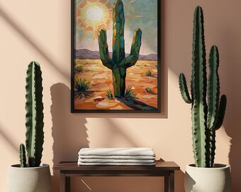 Desert Cactus Wall Art Print | Cactus in Desert Landscape Painting | American Southwest Landscape Wall Print Digital Download | Wall Decor
