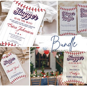 May include: A baseball-themed baby shower invitation bundle. Includes invitations, raffle cards, thank you tags, and a welcome sign. The design features baseball stitching and the text "A Little Slugger is on the Way!"