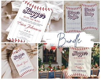 Peut inclure: Ensemble de faire-part de baby shower sur le thème du baseball. Comprend des invitations, des cartes de tombola, des étiquettes de remerciement et une pancarte de bienvenue. Le design présente des coutures de baseball et le texte "A Little Slugger is on the Way!"