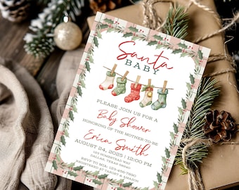 May include: A baby shower invitation with a Christmas theme. The invitation features the text "Santa Baby" and includes details for a baby shower honoring Erica Smith. The design includes illustrations of stockings and holly.