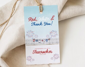 Red White and Due Baby Shower Thank You Tag, 4th of July Baby Shower, Editable Fireworks Template, Instant Download, Digital Download, Canva