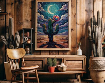 Desert Cactus Wall Art Print | Cactus in Desert Landscape Painting | American Southwest Landscape Wall Print Digital Download | Wall Decor
