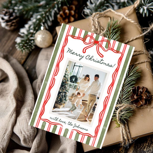 Editable Christmas Card Printable Digital Download Canva Template Custom Holiday Photo Card Personalized Bow and Ribbon Green Red