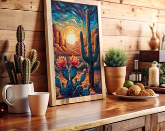 May include: A framed desert landscape painting featuring cacti and a sunset. The artwork is displayed on a wooden surface, alongside potted cacti and other decorative items. The painting's colors include blues, oranges, and yellows.
