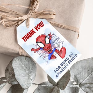 May include: A white thank you tag with a red and blue cartoon Spiderman character. The tag says "Thank You! For being an amazing friend".