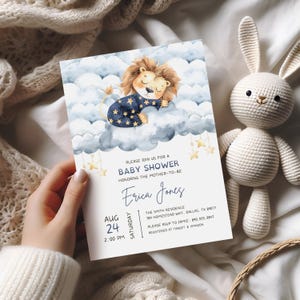 Uitnodiging babyshower leeuw, bewerkbaar, babyshower baby boy, babyshower uitnodigen, aquarel, sterren, digitale download, afdrukbare sjabloon