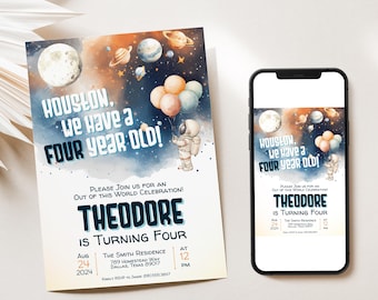 Editable Space Birthday Invitation, Astronaut Outer Space Customizable Canva Digital Download Galaxy Party Invite Template Instant Printable