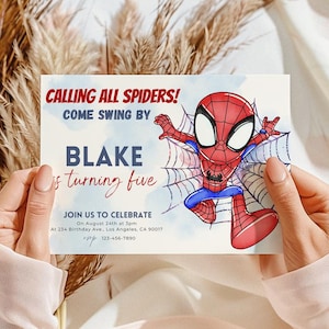 May include: A red and blue Spiderman birthday party invitation with a watercolor background. The invitation says "Calling all Spiders! Come swing by Blake is turning five. Join us to celebrate on August 24th at 3pm at 234 Birthday Ave, Los Angeles, CA 90017. rsvp 123-456-7090"