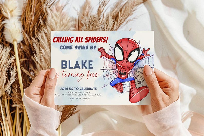 May include: A red and blue Spiderman birthday party invitation with a watercolor background. The invitation says "Calling all Spiders! Come swing by Blake is turning five. Join us to celebrate on August 24th at 3pm at 234 Birthday Ave, Los Angeles, CA 90017. rsvp 123-456-7090"