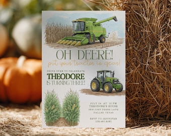 Editable Green Tractor Birthday Invitation Template, Oh Deere Birthday Invite, Tractor Invitation, Digital Download, Farm Theme Printable