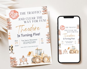 Construction Birthday Invitation: Truck Excavator Party (Digital Download, 5x7 Template)