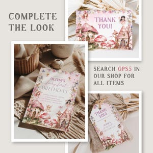 May include: A pink and green fairy-themed birthday party invitation with a watercolor illustration of a fairy house, mushrooms, and a fairy. The text on the invitation reads "Olivia's fairy first birthday".