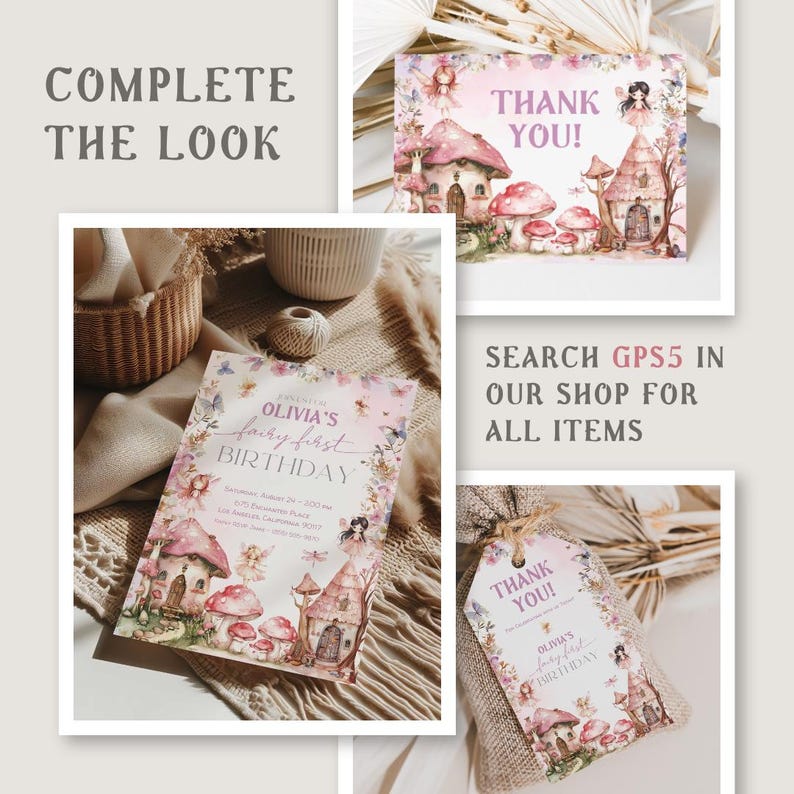 May include: A pink and green fairy-themed birthday party invitation with a watercolor illustration of a fairy house, mushrooms, and a fairy. The text on the invitation reads "Olivia's fairy first birthday".